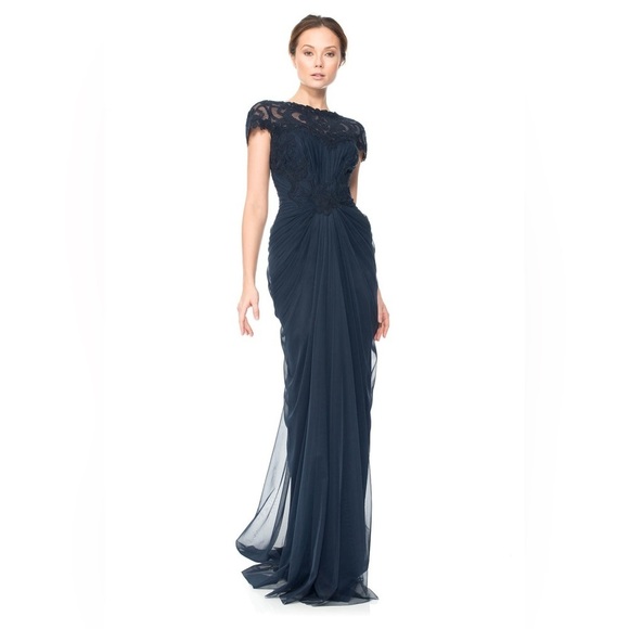 Tadashi Shoji Women’s CORDED SEQUIN LACE AND DRAPED TULLE GOWN in Navy Size 14 - Picture 1 of 12